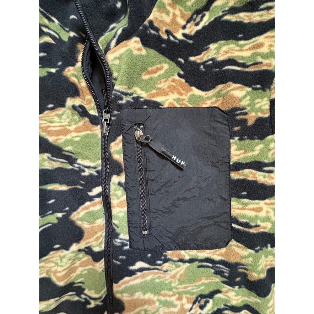 HUF Worldwide Reversible Jacket Mens Large Tiger Camo Polar Fleece Black‎ Shell - Picture 3 of 8